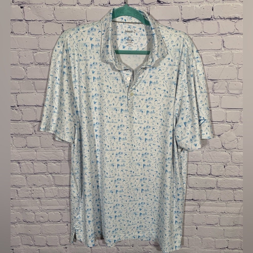 Johnnie-O Mens Baseball print Stretch Short Sleeve Polo Blue White Size XL Prep